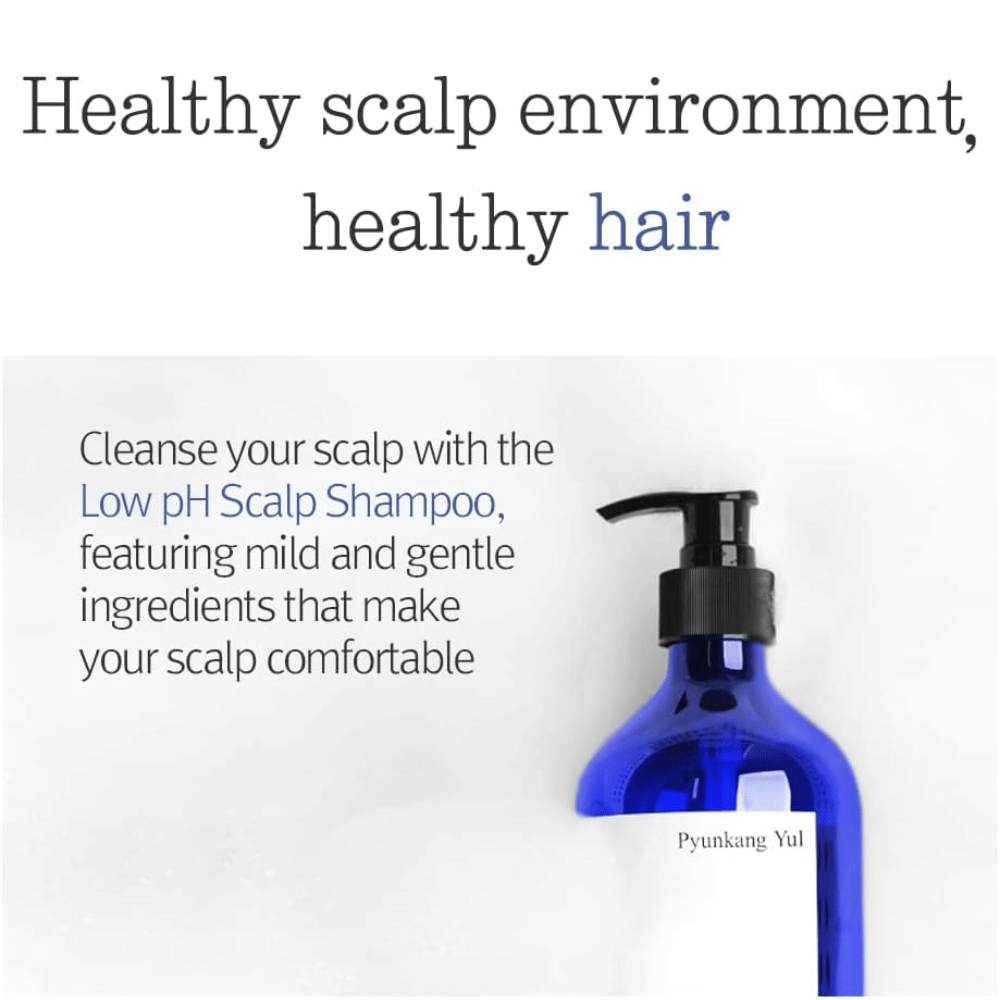 Ενημερωτική εικόνα που αναδεικνύει το Pyunkang Yul Low pH Scalp Shampoo και την ήπια φόρμουλά του για ένα ισορροπημένο και υγιές περιβάλλον του τριχωτού της κεφαλής.