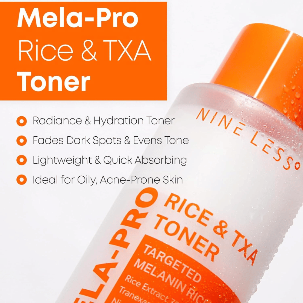 5. NINE LESS MELA-PRO Rice & TXA Toner – ενυδατική λοσιόν προσώπου που βοηθά στη μείωση της ορατότητας των σκούρων κηλίδων και του ανομοιόμορφου τόνου της επιδερμίδας