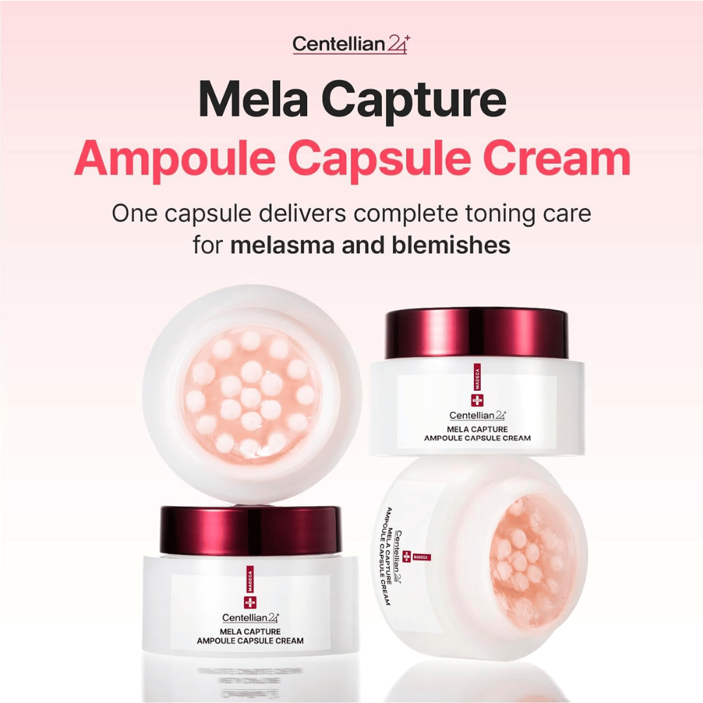 Εικόνα προϊόντος του/της Centellian24 Madeca Mela Capture Ampoule Capsule Cream με έμφαση στις κάψουλες αμπούλας και στη σύνθεση που έχει αναπτυχθεί για τη φροντίδα του ανομοιόμορφου τόνου της επιδερμίδας και της υπερμελάγχρωσης.