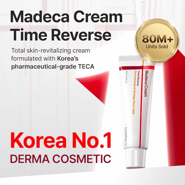 Centellian24 Madeca Cream Time Reverse παρουσιάζεται ως η κορυφαία δερματική κρέμα της Κορέας με TECA, πάνω από 80 εκατομμύρια πωλήσεις μονάδων και έμφαση στην ανανέωση του δέρματος και την ενίσχυση του φραγμού.
