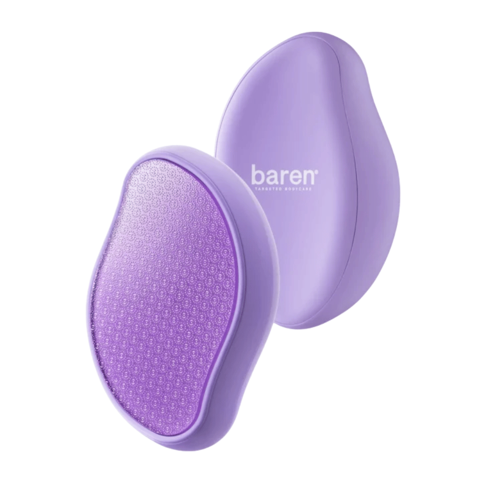 3. Baren Magic Glass Stone Foot File – μπροστινή και πίσω πλευρά της μωβ λίμας ποδιών με λειαντική επιφάνεια για να κάνει τα ξηρά και τραχιά πόδια πιο απαλά