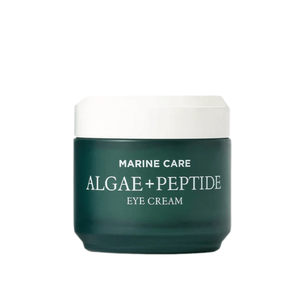 Heimish Marine Care Algae + Peptide Eye Cream σε ένα σκούρο πράσινο βάζο με λευκό καπάκι. Μία κρέμα ματιών εμπλουτισμένη με φύκια και πεπτίδια για ενυδάτωση, φωτεινότητα και μείωση των λεπτών γραμμών γύρω από τα μάτια.