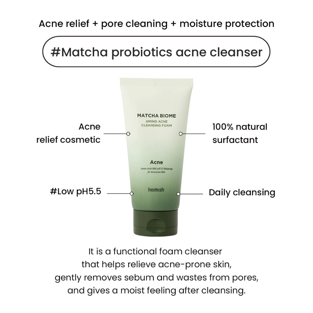 Heimish Matcha Biome Amino Acne Cleansing Foam low pH 5.5 – καθαριστικό ακμής που καθαρίζει τους πόρους, μειώνει το σμήγμα και ενυδατώνει το δέρμα