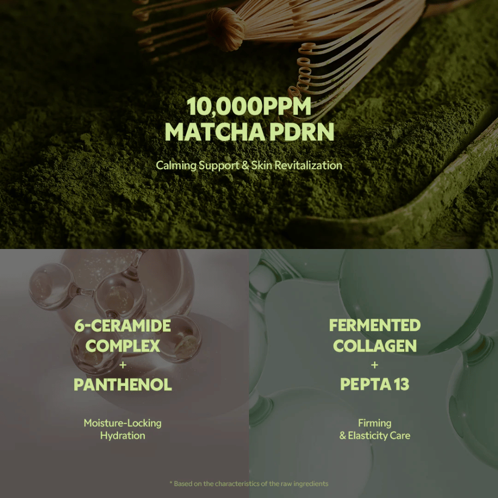 Matcha PDRN 10 000 ppm σε TIRTIR Matcha Calming Cream που καταπραΰνει τους ερεθισμούς, ενισχύει το δέρμα και προσφέρει αναζωογονητική δράση.