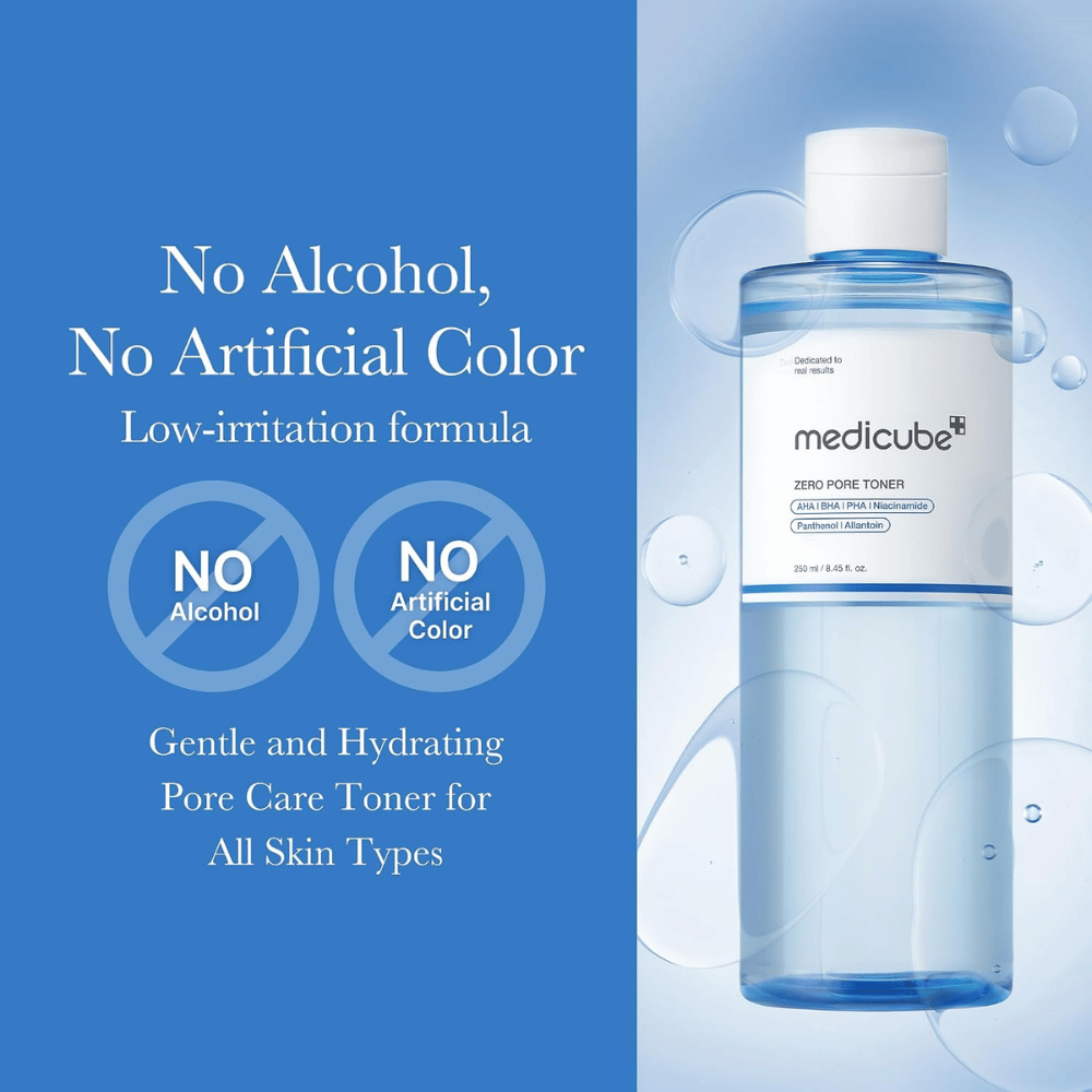 Medicube Zero Pore Toner 250 ml, ενυδατικό τόνερ προσώπου χωρίς αλκοόλ και τεχνητές χρωστικές. Μπλε μπουκάλι με φυσαλίδες νερού.