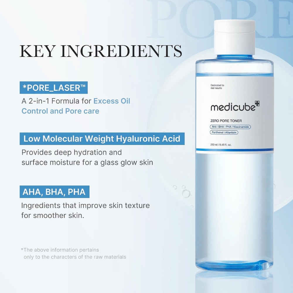 Medicube Zero Pore Toner με AHA, BHA, PHA και υαλουρονικό οξύ. Επισκόπηση συστατικών για ενυδάτωση, πιο ομοιόμορφη υφή δέρματος και πόρους.