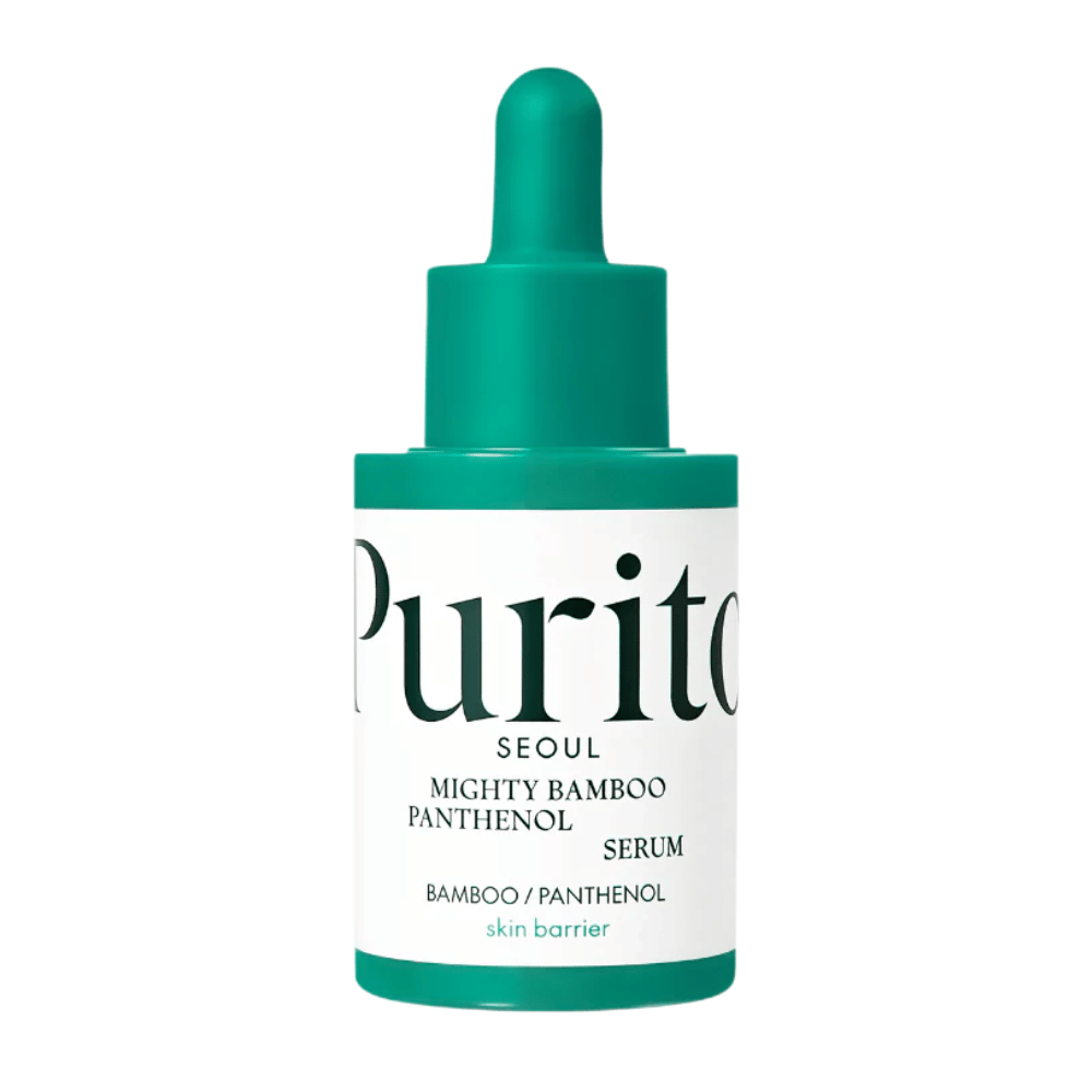 Purito Mighty Bamboo Panthenol Serum – μινιμαλιστικό πράσινο μπουκάλι με θρεπτικό ορό για ευαίσθητο και ξηρό δέρμα.