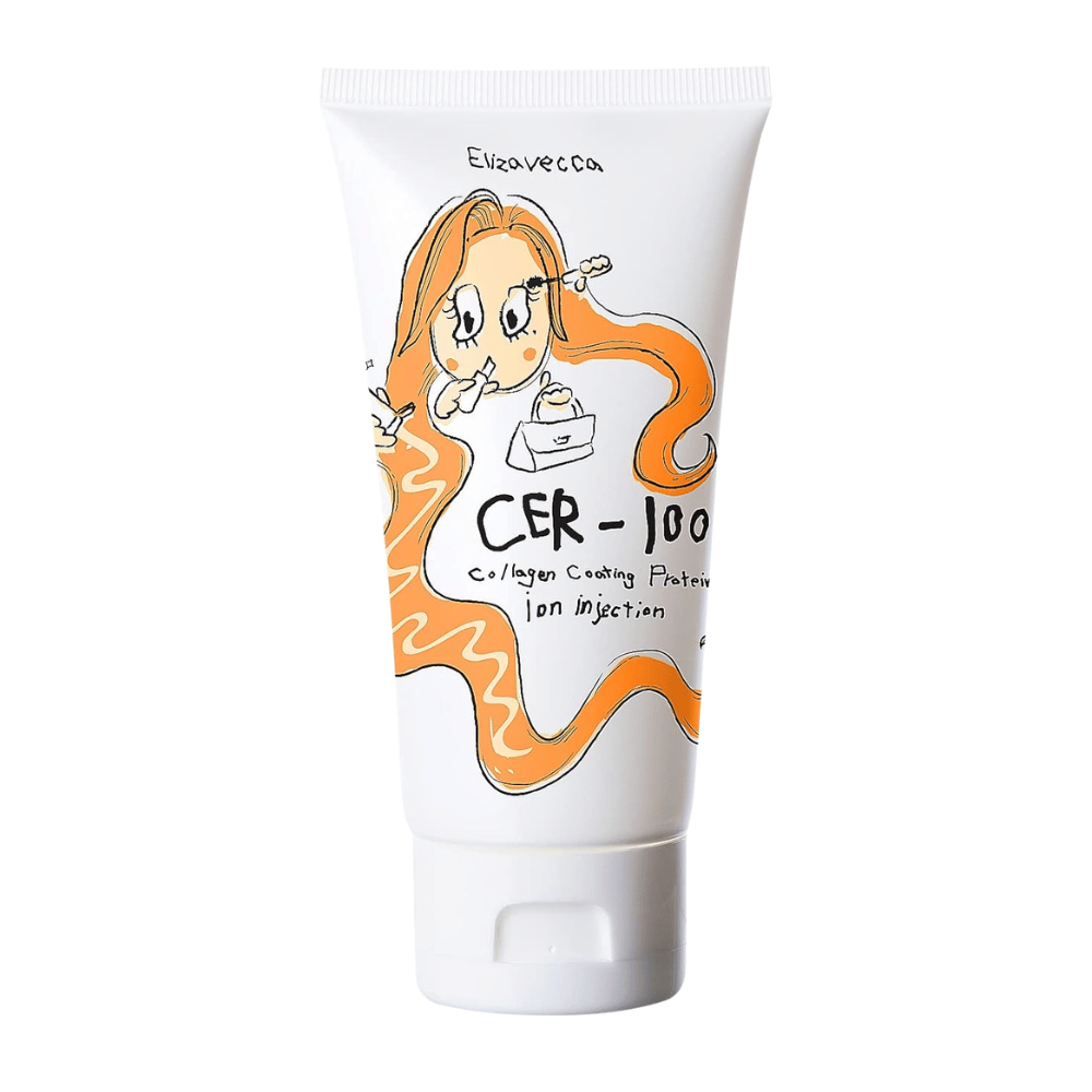 Εικόνα προϊόντος του Elizavecca CER-100 Collagen Coating Protein Ion Injection με εικονογραφημένο σχέδιο και πορτοκαλί λεπτομέρειες.