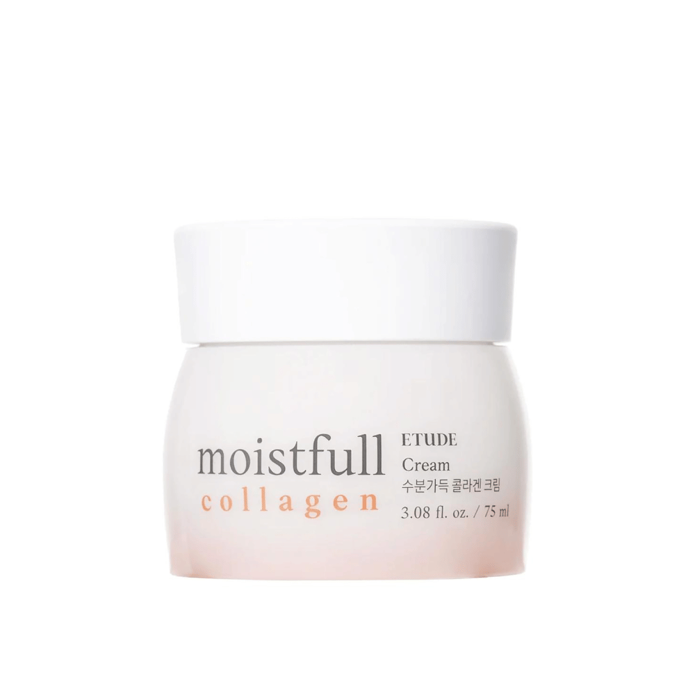 Ένα βάζο με "Moistfull Collagen Cream" από ETUDE, λευκό φόντο.
