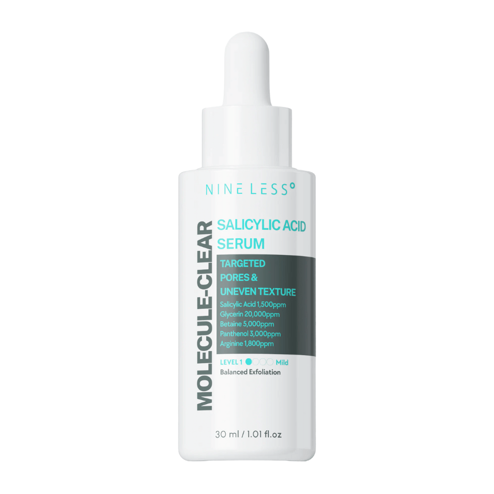 Nineless Molecule-Clear Salicylic Acid Serum 30 ml – απολεπιστικός ορός με BHA, γλυκερίνη, βεταΐνη και πανθενόλη για να μειώσει τους πόρους, να εξομαλύνει την υφή του δέρματος και να παρέχει ενυδάτωση.