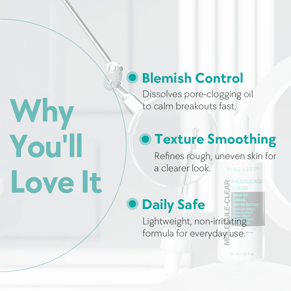 Οφέλη του Nineless Molecule-Clear Salicylic Acid Serum: ελέγχει τα σπυράκια διαλύοντας τους πόρους, εξομαλύνει την υφή του δέρματος και είναι ασφαλές για καθημερινή χρήση.