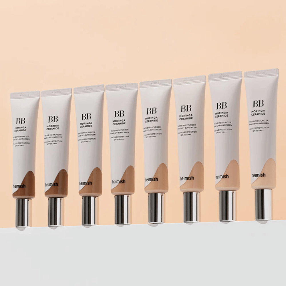 Σειρά από Heimish Moringa Ceramide BB Cream σε πολλές χρωματικές αποχρώσεις. Η εικόνα απεικονίζει τη διαβάθμιση από πιο ανοιχτούς σε πιο σκούρους τόνους ώστε να ταιριάζει σε διαφορετικούς τόνους επιδερμίδας και ανάγκες.