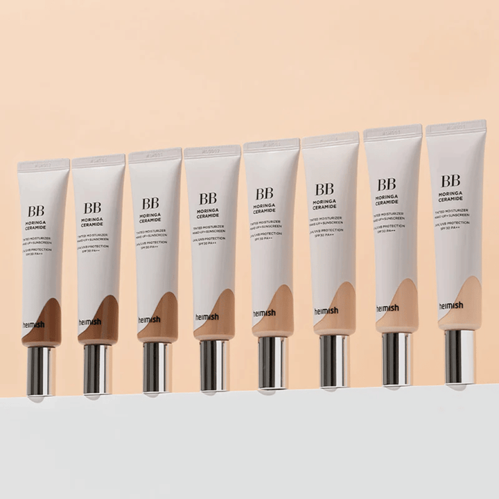 Σειρά από Heimish Moringa Ceramide BB Cream σε πολλές χρωματικές αποχρώσεις. Η εικόνα απεικονίζει τη διαβάθμιση από πιο ανοιχτούς σε πιο σκούρους τόνους ώστε να ταιριάζει σε διαφορετικούς τόνους επιδερμίδας και ανάγκες.