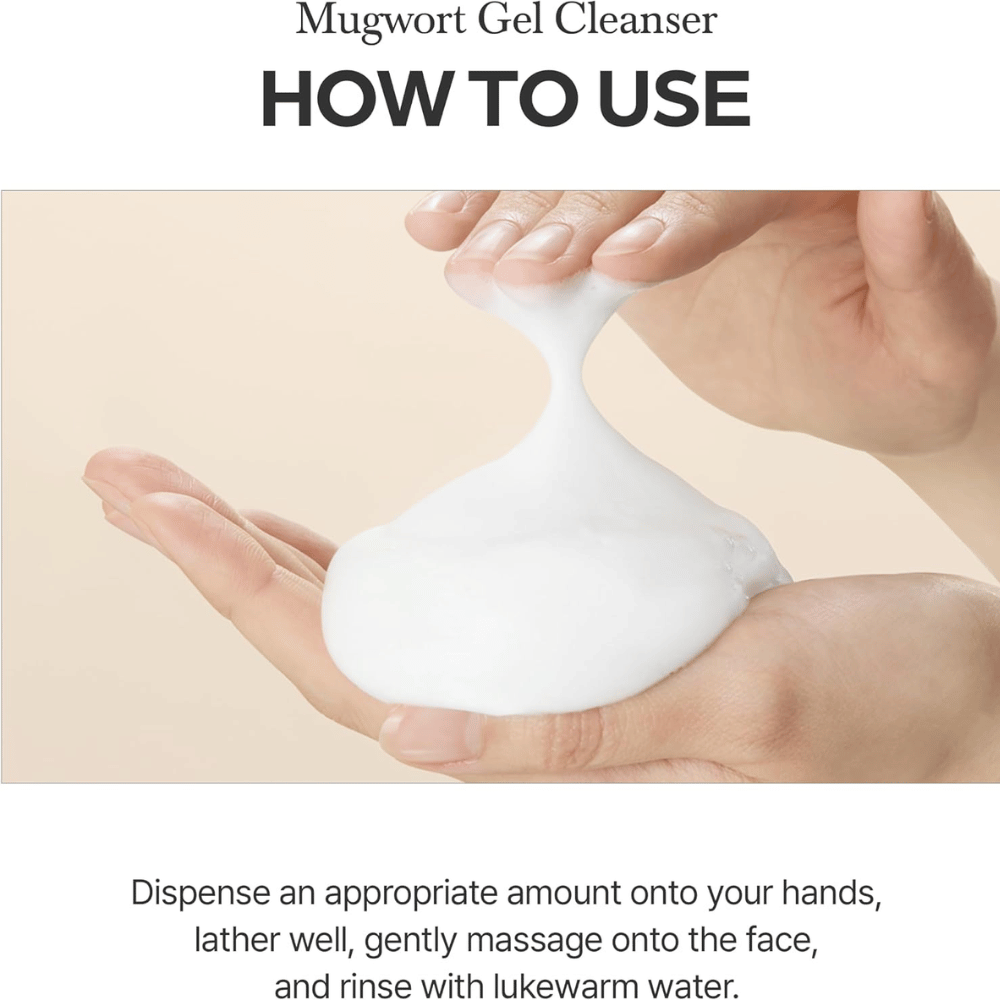 I'm From Mugwort Gel Cleanser 150 ml με οδηγίες χρήσης. Χέρια δείχνουν πώς το καθαριστικό gel αφρίζει και γίνεται απαλός, λευκός αφρός.