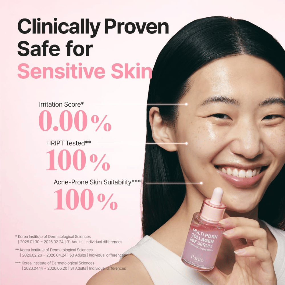 Purito Multi PDRN Collagen EGF Serum – κλινικά δοκιμασμένος ορός που είναι κατάλληλος για ευαίσθητη και ακνεϊκή επιδερμίδα.