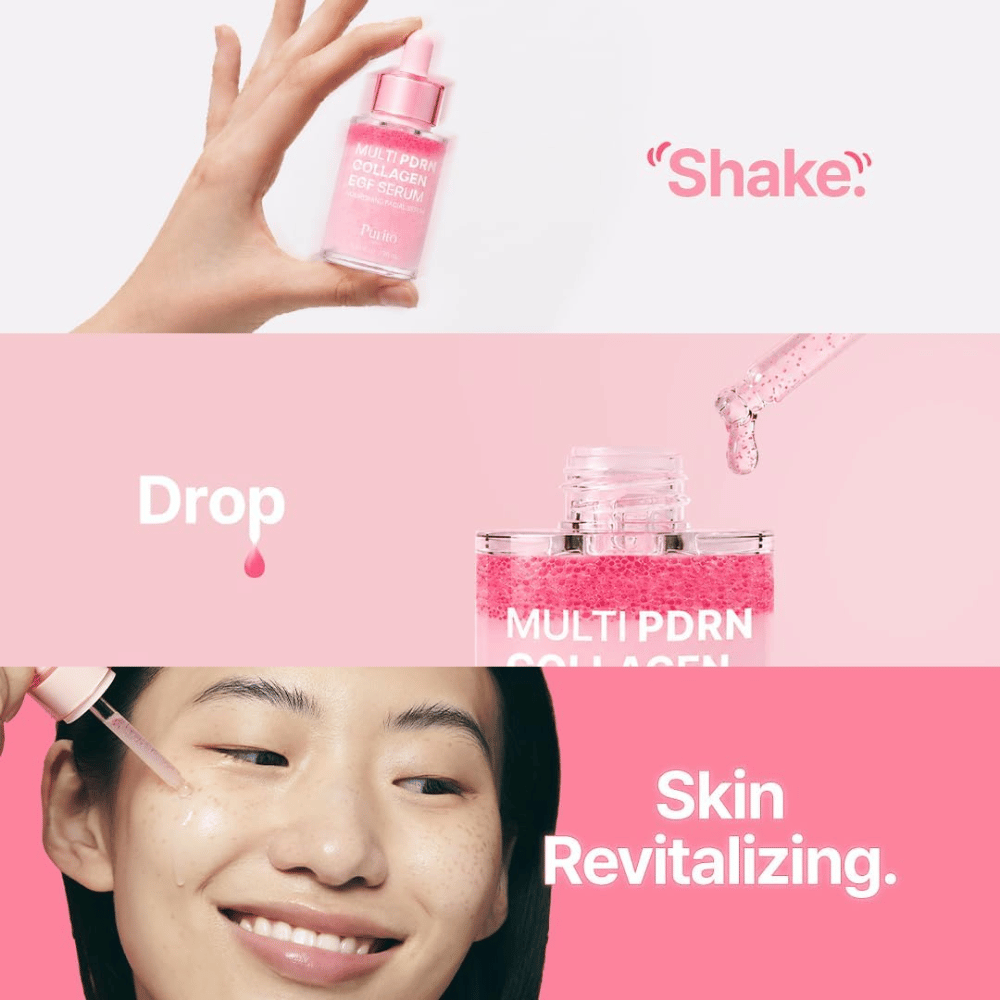 Purito Multi PDRN Collagen EGF Serum – εφαρμογή του ροζ ορού για ενυδατωμένη και αναζωογονημένη επιδερμίδα.