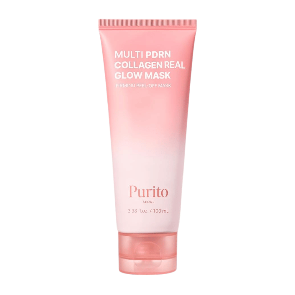 Purito SEOUL Multi PDRN Collagen Real Glow Mask 100 ml – εικόνα προϊόντος με ροζ μάσκα peel-off σε σωληνάριο