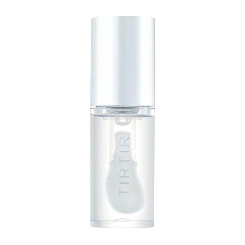 TIRTIR My Glow Lip Oil σε διαφανές μπουκάλι με λευκό καπάκι και μινιμαλιστικό σχεδιασμό, απομονωμένο σε λευκό φόντο.