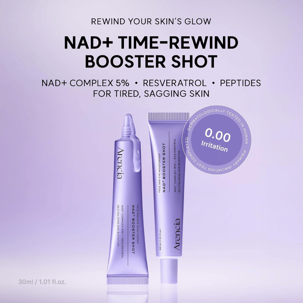 Arencia NAD+ Booster Shot με 5% NAD+ Complex, ρεσβερατρόλη και πεπτίδια – δερματολογικά ελεγμένη κρέμα προσώπου για κουρασμένη και ώριμη επιδερμίδα.