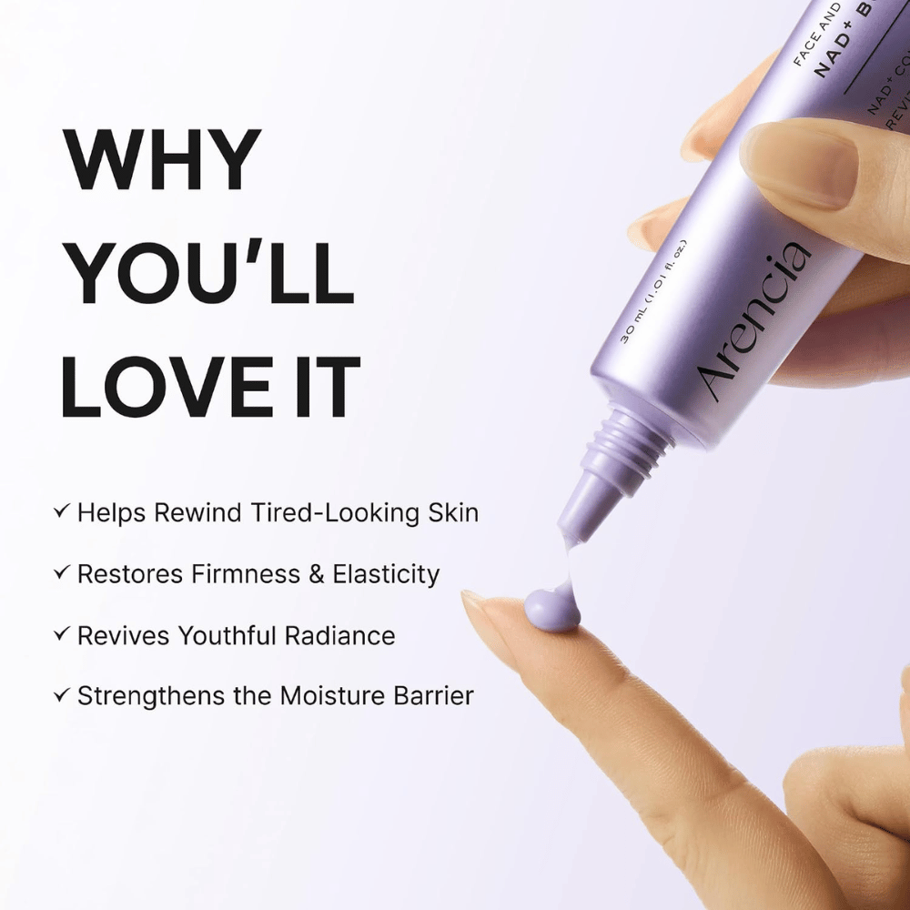 Arencia NAD+ Booster Shot 30 ml – περιποιητική κρέμα προσώπου που ενισχύει τον επιδερμικό φραγμό και προσφέρει σύσφιξη, ελαστικότητα και λάμψη.