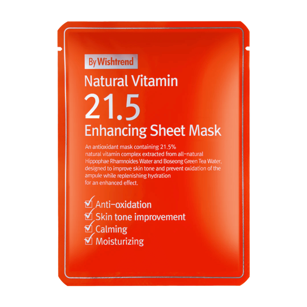 By Wishtrend Natural Vitamin 21.5% Enhancing Sheet Mask σε κόκκινη συσκευασία με λευκό κείμενο, που αναδεικνύει τις αντιοξειδωτικές και ενυδατικές της ιδιότητες.