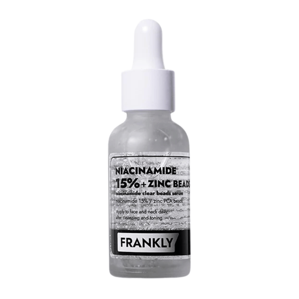 Εικόνα προϊόντος του FRANKLY Niacinamide 15% + Zinc Beads Serum σε γυάλινο μπουκάλι με πιπέτα. Ένας ορός που ισορροπεί, καταπραΰνει και βελτιώνει τη διαύγεια του δέρματος.