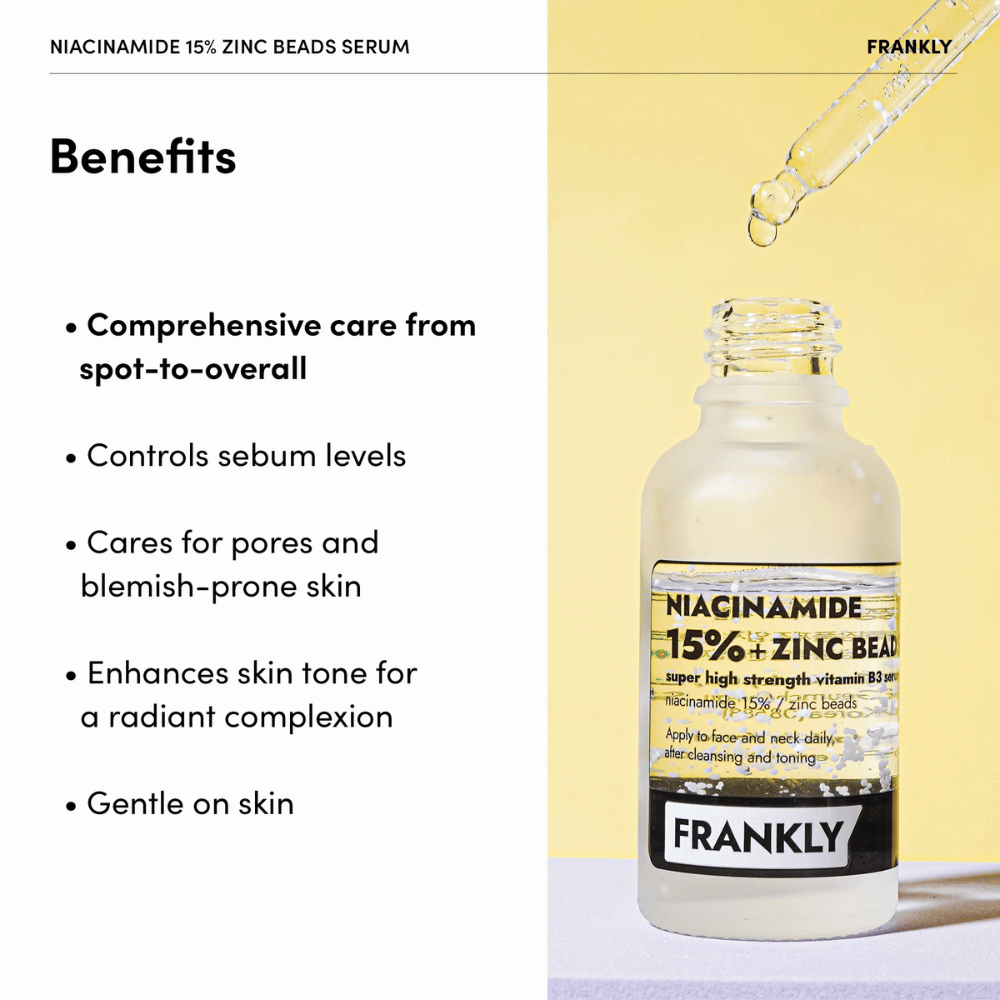 Μπουκάλι με FRANKLY Niacinamide 15% + Zinc Beads Serum σε κίτρινο φόντο. Το κείμενο αναφέρει οφέλη: ισορροπεί το σμήγμα, μειώνει τους πόρους και εξισορροπεί τον τόνο του δέρματος.
