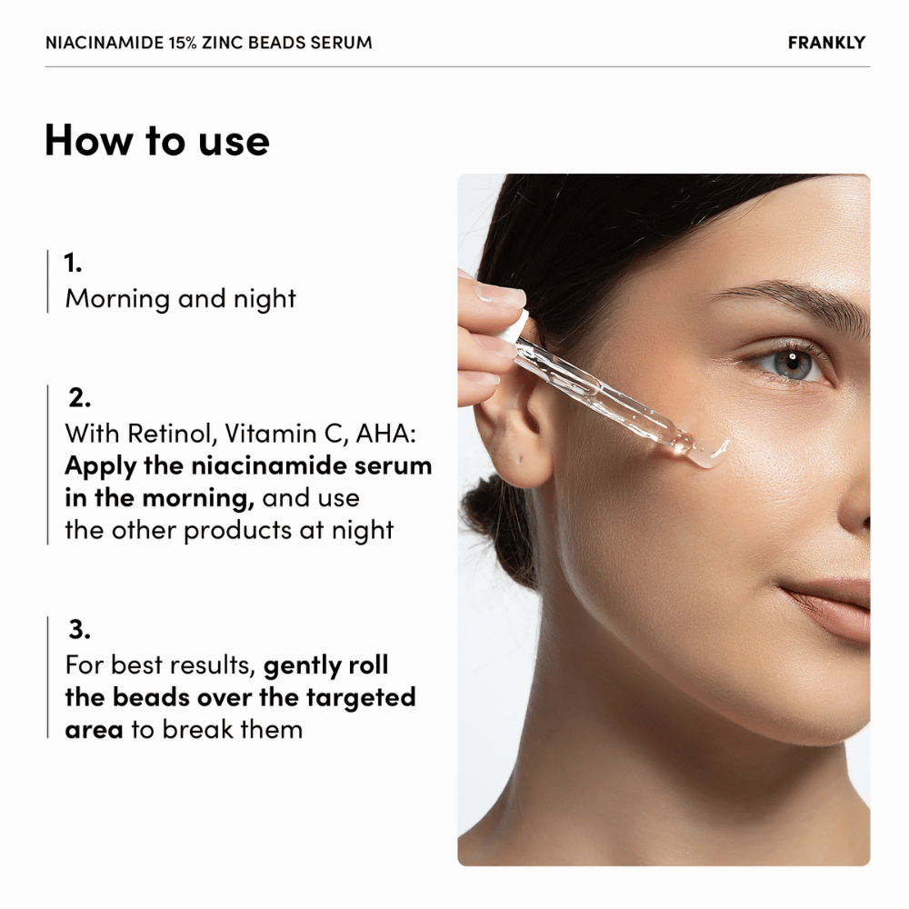 Γυναίκα εφαρμόζει το FRANKLY Niacinamide 15% + Zinc Beads Serum με πιπέτα στο μάγουλο. Το κείμενο εξηγεί χρήση πρωί και βράδυ καθώς και προσεκτικό μασάζ των σφαιριδίων.