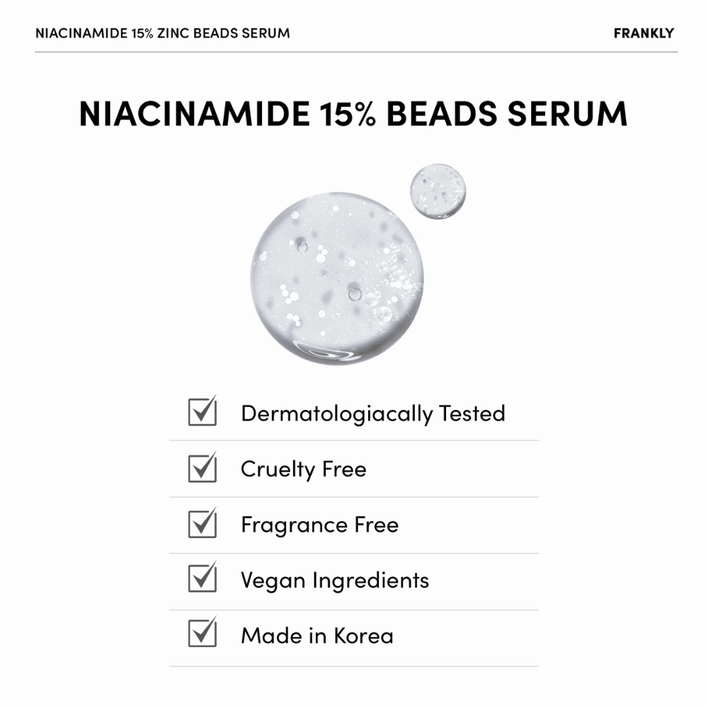 Διαυγές τζελ με λευκά σφαιρίδια στο FRANKLY Niacinamide 15% + Zinc Beads Serum. Το κείμενο δείχνει ότι το προϊόν είναι βίγκαν, χωρίς άρωμα και δερματολογικά ελεγμένο.