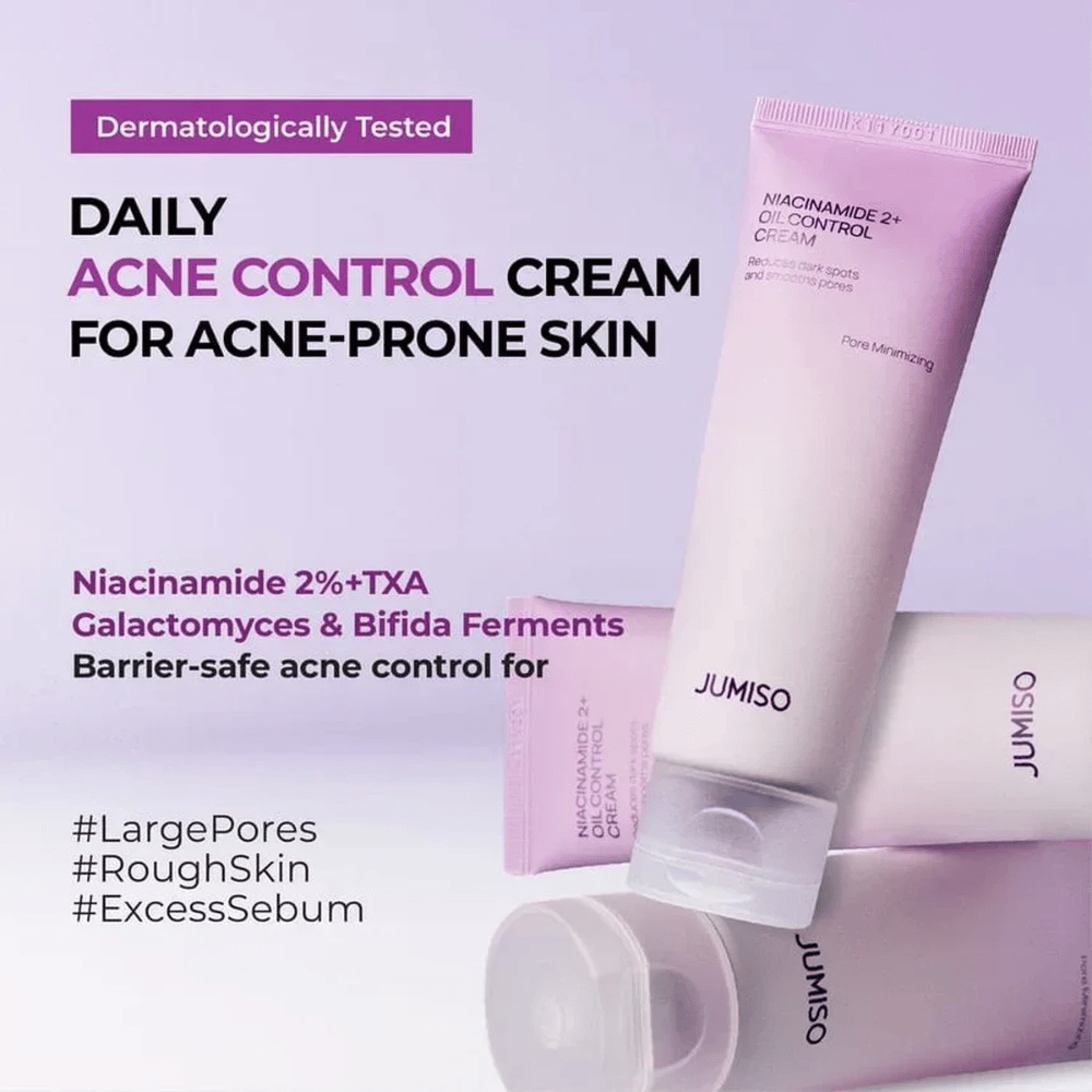 Διαφημιστική εικόνα του/της JUMISO Niacinamide 2+ Oil Control Cream με έμφαση στην καθημερινή φροντίδα για δέρμα με τάση ακμής. Το κείμενο περιγράφει συστατικά όπως η νιασιναμίδη, το τρανεξαμικό οξύ, οι γαλακτομύκητες και το bifida ferment, τα οποία βοηθούν στον έλεγχο του σμήγματος και στην ενίσχυση του επιδερμιδικού φραγμού.