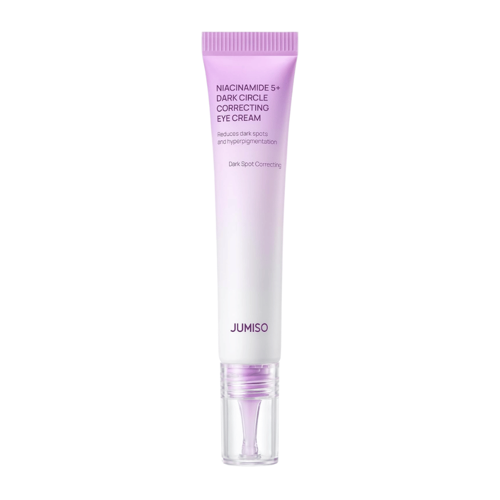 5. Jumiso Niacinamide 5+ Dark Circle Correcting Eye Cream – μωβ και λευκό σωληνάριο με διάφανο εφαρμοστή σε λευκό φόντο
