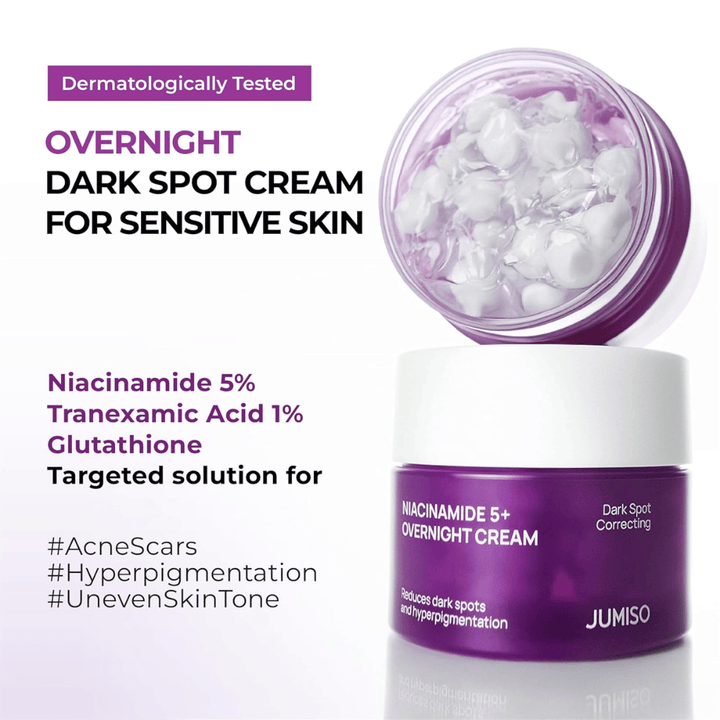 JUMISO Niacinamide 5+ Overnight Cream με ανοιχτό βαζάκι που δείχνει την υφή capsule gel. Η εικόνα αναδεικνύει συστατικά όπως νιασιναμίδη 5%, τρανεξαμικό οξύ 1% και γλουταθειόνη για τη μελάγχρωση και τον ανομοιόμορφο τόνο της επιδερμίδας.
