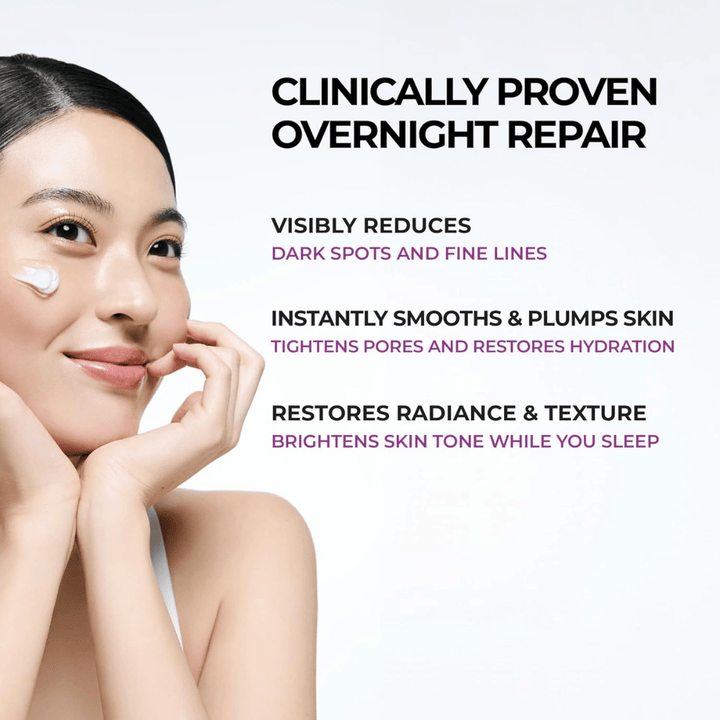 Μοντέλο εφαρμόζει JUMISO Niacinamide 5+ Overnight Cream στο μάγουλο. Η εικόνα αναδεικνύει τις περιποιητικές ιδιότητες της κρέμας νυκτός για τη βελτίωση της λάμψης, της ισορροπίας υγρασίας και της υφής της επιδερμίδας κατά τη διάρκεια της νύχτας.