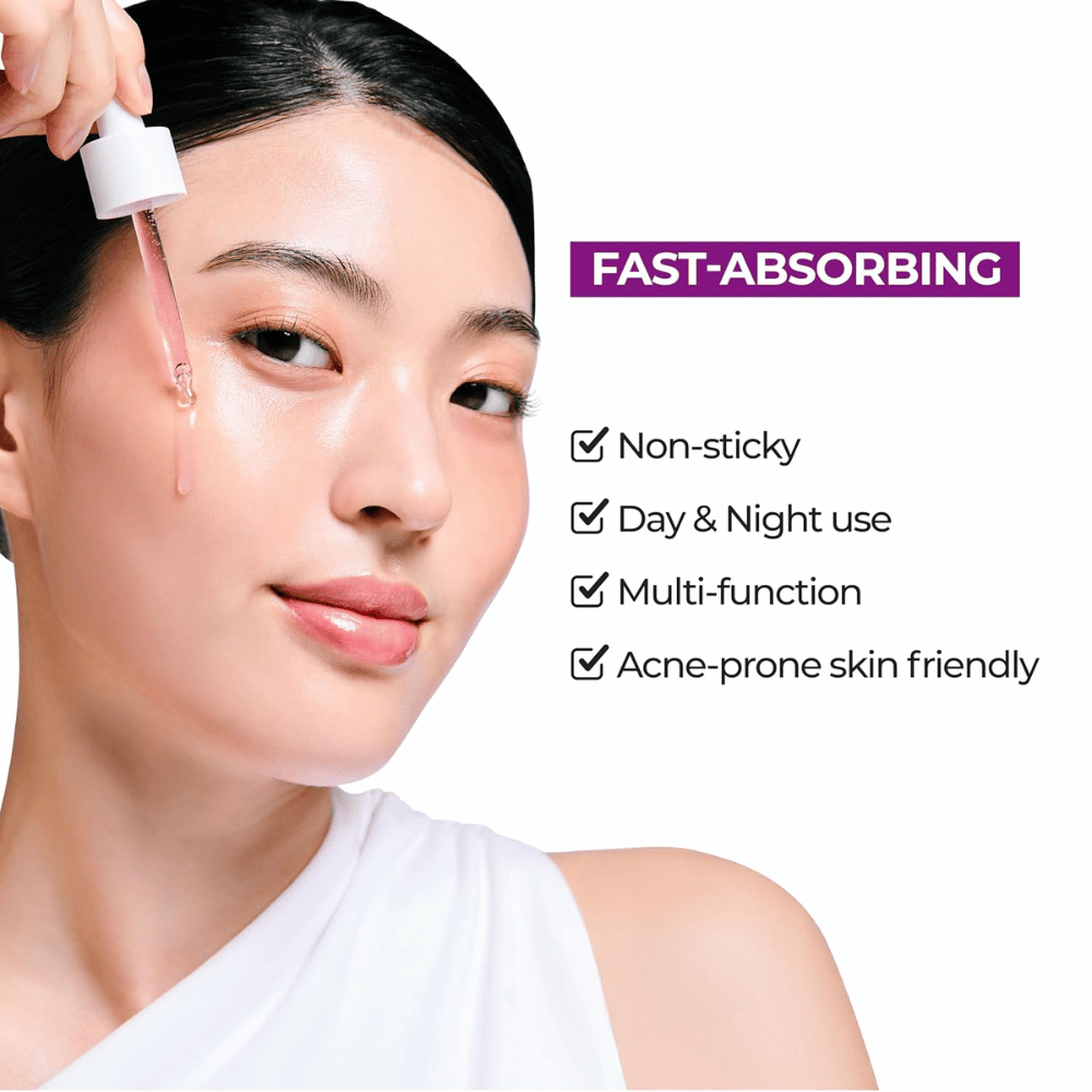 Γυναίκα εφαρμόζει Jumiso Niacinamide 10 Serum. Γρήγορα απορροφούμενη, μη κολλώδης φόρμουλα για χρήση ημέρας και νύχτας, ιδανική για επιδερμίδα με τάση ακμής.