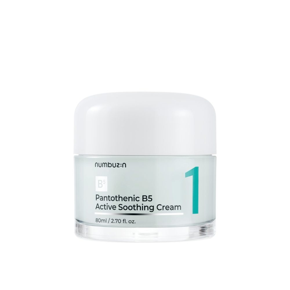 Numbuzin No.1 Pantothenic B5 Active Soothing Cream 80 ml σε ένα ανοιχτό πράσινο βάζο με λευκό καπάκι και ευδιάκριτο αριθμό 1 τυπωμένο στο μπροστινό μέρος.