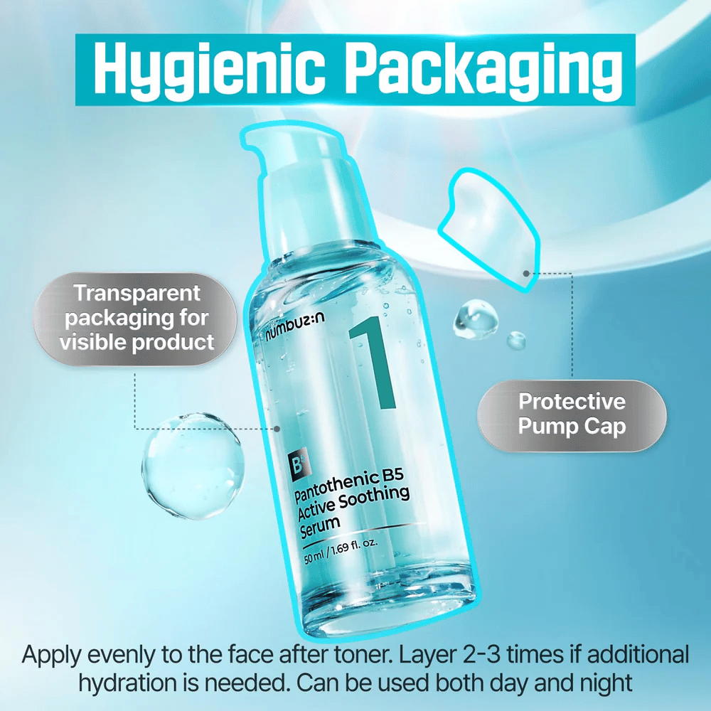 numbuzin No.1 Pantothenic B5 Active Soothing Serum 50 ml – καταπραϋντικός ορός B5 με υγιεινή αντλία και διαφανές μπουκάλι για δέρμα με τάση ακμής