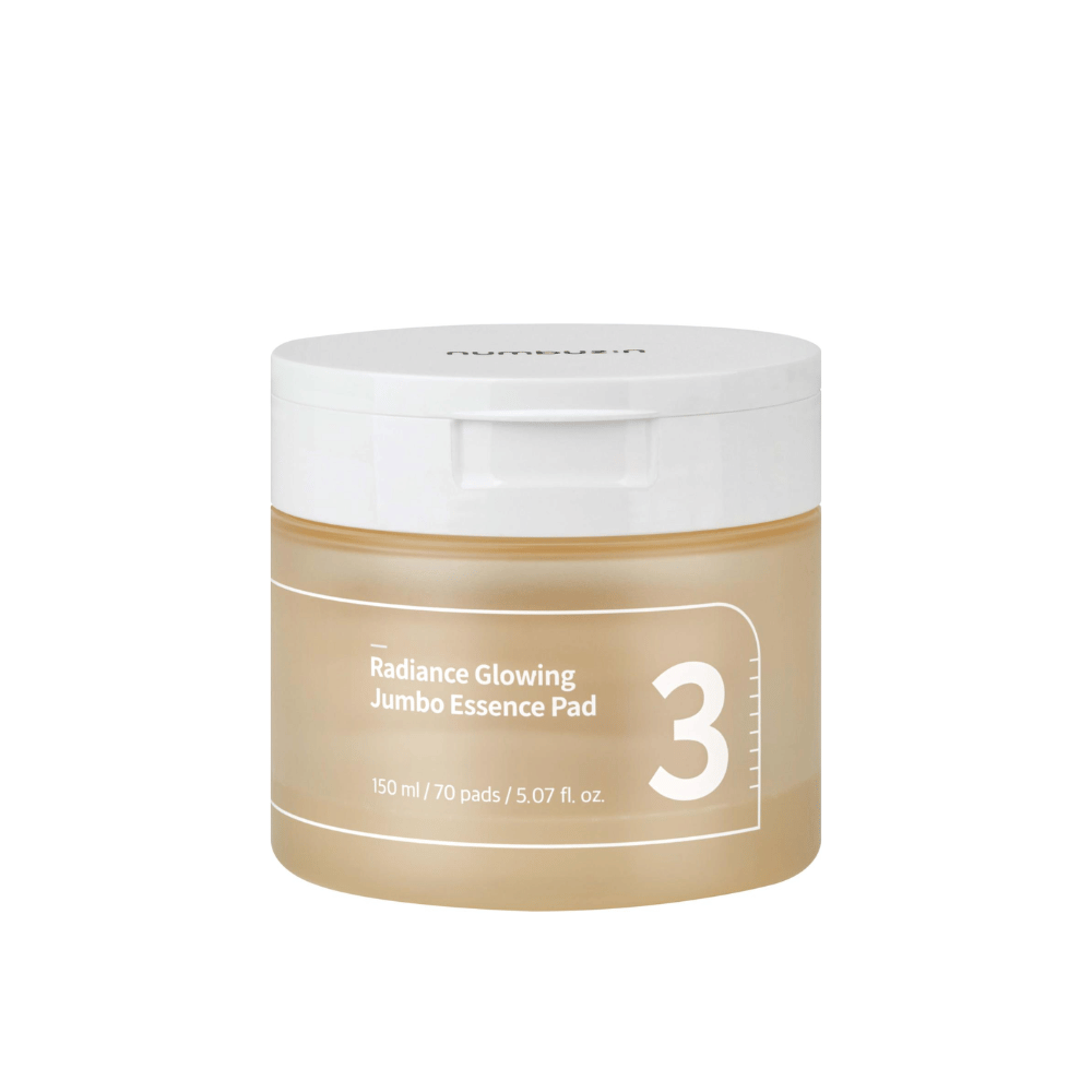 Εικόνα προϊόντος σε κλειστό δοχείο με numbuzin No. 3 Radiance Glowing Jumbo Essence Pad, 150 ml / 70 pads.