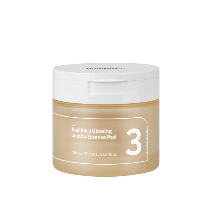 Produktbild på sluten burk med numbuzin No. 3 Radiance Glowing Jumbo Essence Pad, 150 ml / 70 pads.