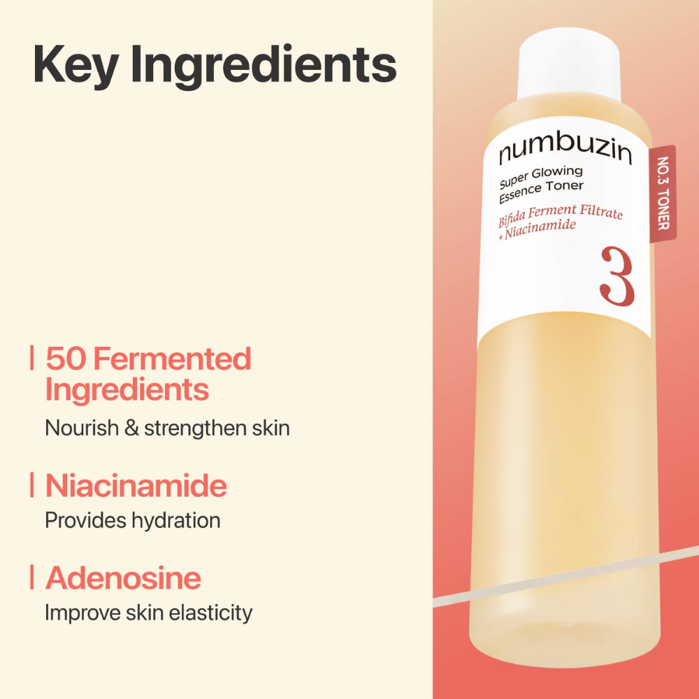 Numbuzin No.3 Toner περιέχει 50 ζυμωμένα συστατικά, νιασιναμίδη και αδενοσίνη που ενισχύουν και ενυδατώνουν το δέρμα.
