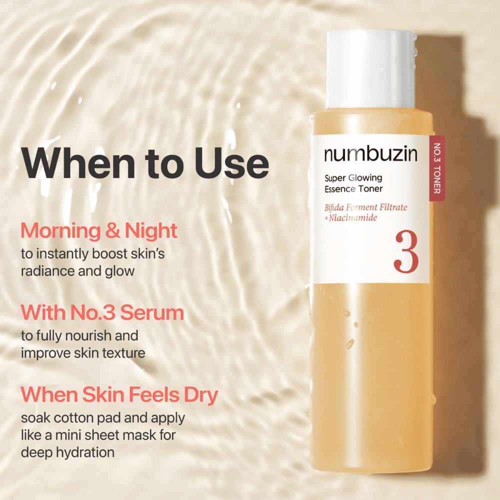 Χρήση του Numbuzin No.3 Toner – πρωί, βράδυ ή σε ξηρότητα για να δώσει στο δέρμα λάμψη και βαθιά ενυδάτωση.