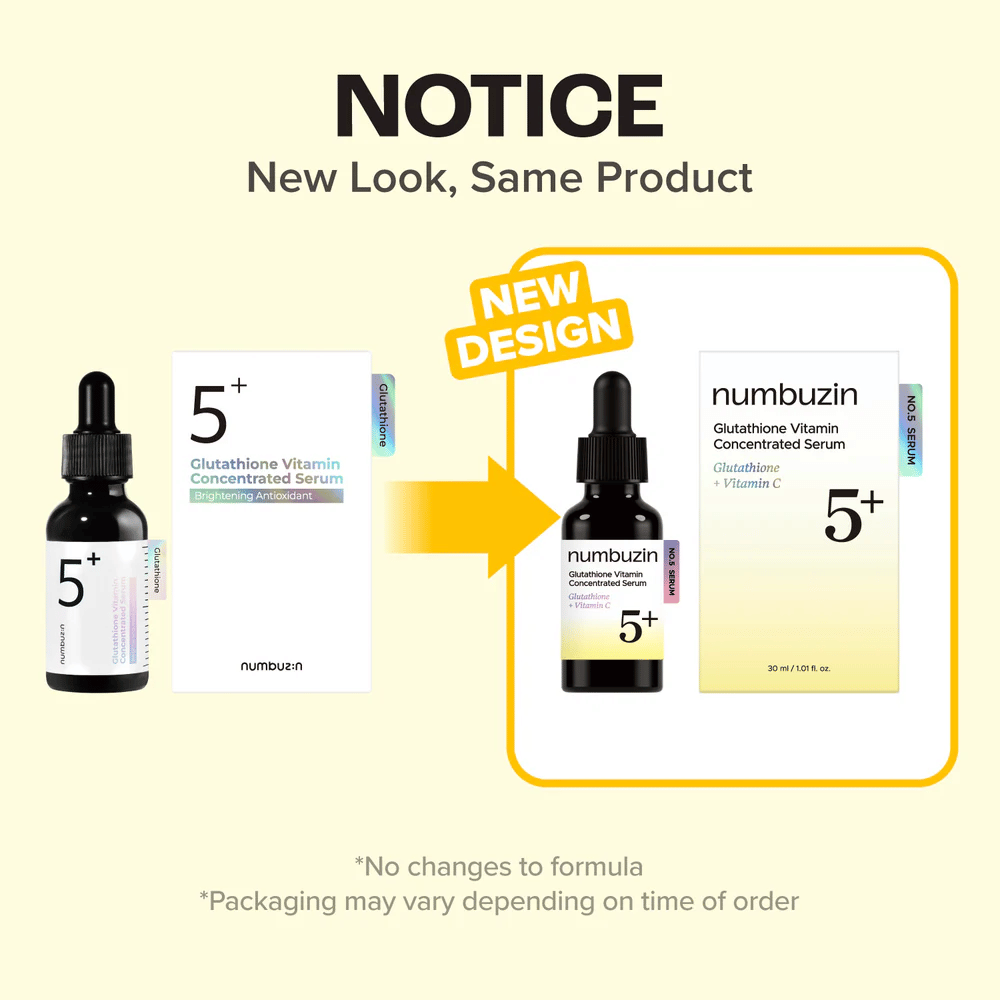 numbuzin No.5+ Glutathione Vitamin Concentrated Serum σε νέο σχεδιασμό συσκευασίας – η ίδια σύνθεση για λάμψη και πιο ομοιόμορφο τόνο δέρματος.