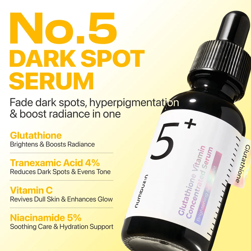 numbuzin No.5+ Glutathione Vitamin Concentrated Serum – ορός λάμψης με γλουταθειόνη, τρανεξαμικό οξύ, βιταμίνη C και 5% νιασιναμίδη.