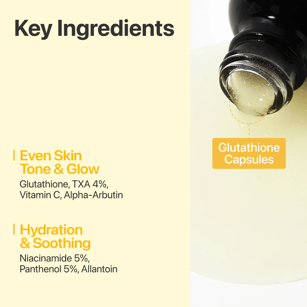 numbuzin No.5+ Glutathione Vitamin Concentrated Serum με γλουταθειόνη, 4% τρανεξαμικό οξύ, βιταμίνη C, άλφα-αρβουτίνη, νιασιναμίδη και πανθενόλη.