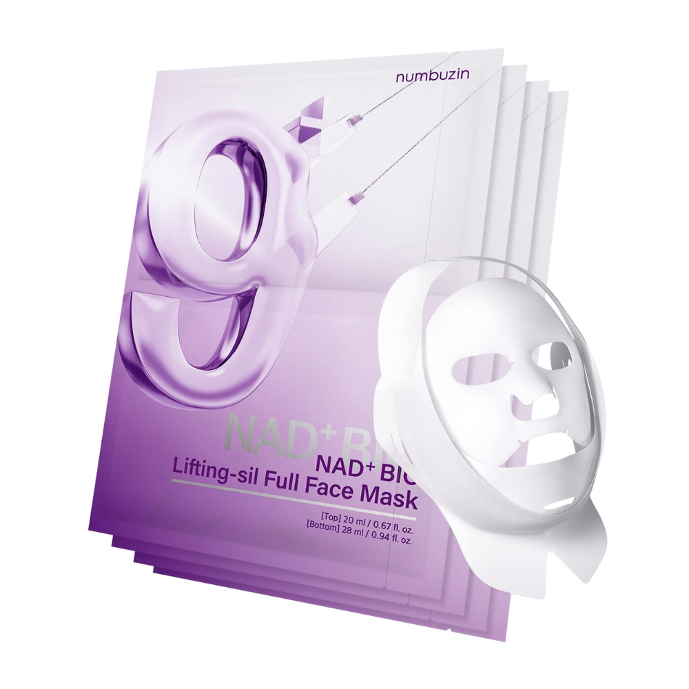Συσκευασία με μάσκες προσώπου από No.9 NAD Bio Lifting-sil, που περιλαμβάνει πλήρη μάσκα προσώπου σε διαφανές υλικό και συσκευασία που δείχνει τη χρήση του προϊόντος για ανόρθωση προσώπου.