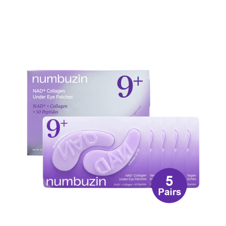 Förpackning av numbuzen No.9 NAD+ Collagen Under Eye Patches – 5 par kollagenrika pads med NAD+ och peptider.
