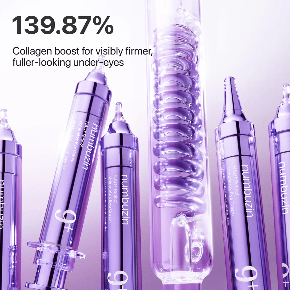 Εικονογράφηση που δείχνει την ενίσχυση κολλαγόνου από το No.9 NAD+ Retinol Volumetox Eye Cream, σχεδιασμένη για πιο σφριγηλή και πλήρη επιδερμίδα κάτω από τα μάτια με ορατά αποτελέσματα.