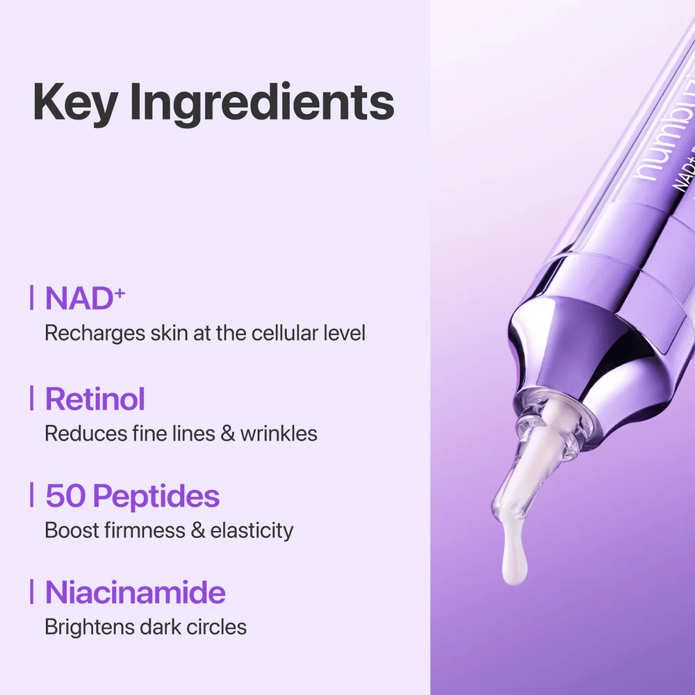 Βασικά συστατικά στο No.9 NAD+ Retinol Volumetox Eye Cream, με NAD+, ρετινόλη, 50 πεπτίδια και νιασιναμίδη που βοηθούν στην ενίσχυση του δέρματος και στη μείωση των λεπτών γραμμών.