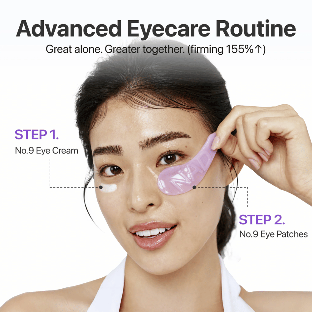 Εφαρμογή του numbuzen No.9 NAD+ Collagen Eye Patch βήμα προς βήμα στη ρουτίνα περιποίησης ματιών για πιο σφριγηλή και ζωηρή επιδερμίδα.