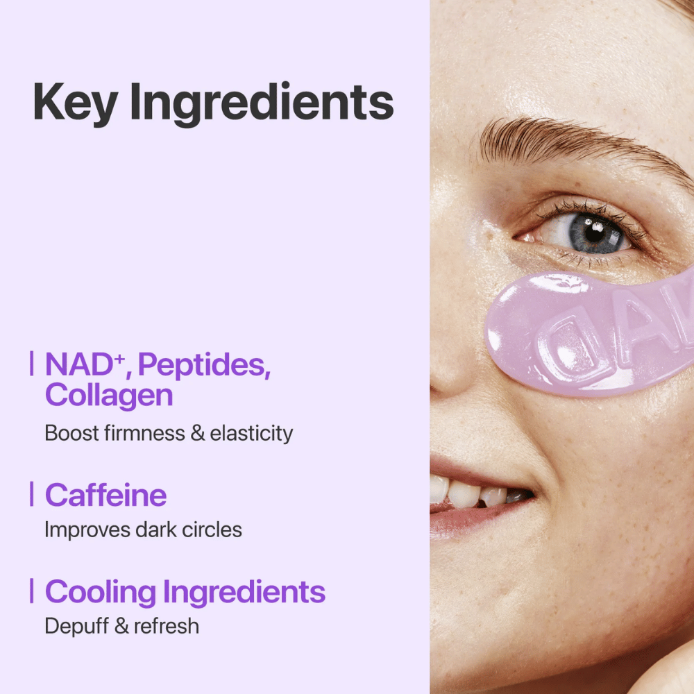 Κοντινό πλάνο στο numbuzen No.9 NAD+ Collagen Eye Patch – περιέχει NAD+, κολλαγόνο και πεπτίδια που ενισχύουν και ενυδατώνουν την επιδερμίδα κάτω από τα μάτια.