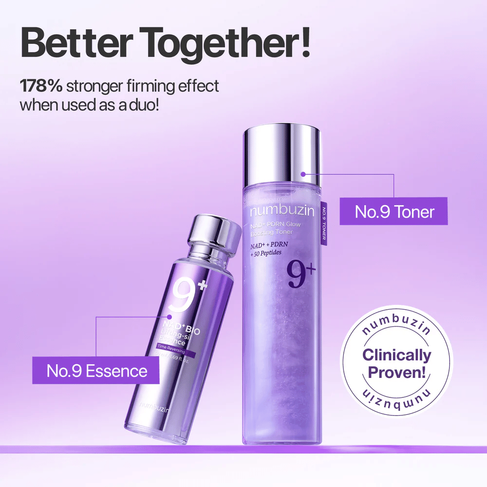 Numbuzin No.9 Toner και Essence εμφανίζονται μαζί σε μωβ τόνο. Κείμενο: «Καλύτερα Μαζί - 178% ισχυρότερη συσφικτική επίδραση όταν χρησιμοποιούνται ως δίδυμο.»